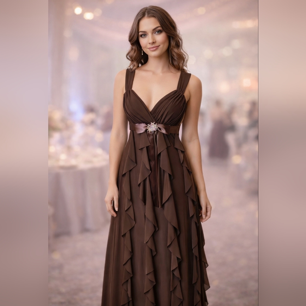 #1482 Betsy & Adam chocolate ruffled jeweled gown sz. 4